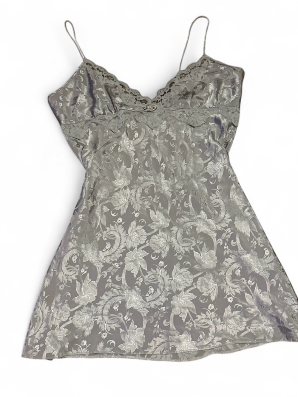 Vintage Adonna Silver Floral Lace Trim Slip Dress